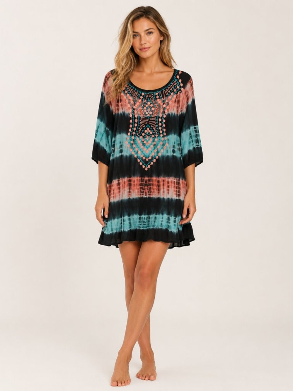 Boho Tie Dye Embroidered Tunic Dress Size L Black Pink Aqua Ruffle Hem Cover Up